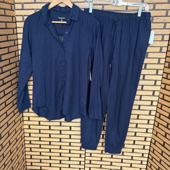 Needle & Cloth‎ Navy Linen Blend Button Down Shirt And Jogger Set Size XS - Picture 1 of 8